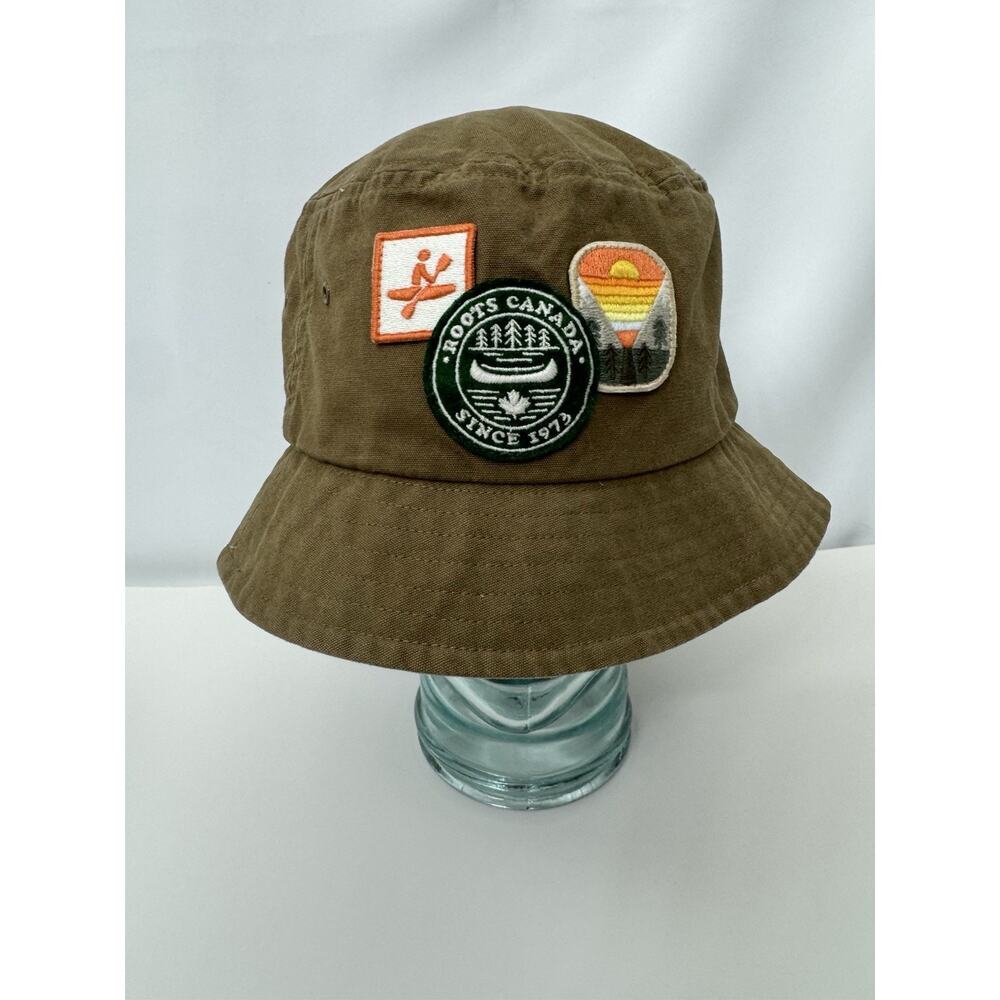 Roots Vintage Bucket Hat Sz L Solid Color Green Outdoor Colorful Patches Rare